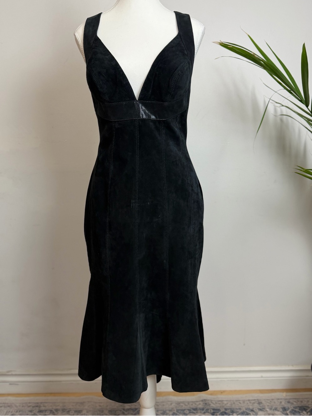 Danier Black Genuine Suede Leather Plunge Cross Back Midi Dress